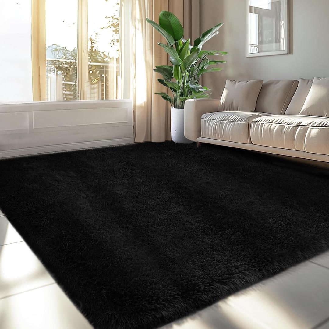 Ultra Soft Fluffy Area Rugs: Shag Area Rugs for Living Room- 5x7 Fluffy Rugs for Bedroom- Black Plush Fuzzy Rugs for Boys Kids Room (Black, 5x7Feet)