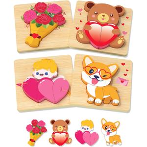 Yetonamr Valentines Wooden Puzzles Gifts for Kids, 4 Pack Toddler Valentine Day Toys for Boys Girls, Valentine Gifts for Kids Classroom, Montessori Toys Valentines Day Party Favors
