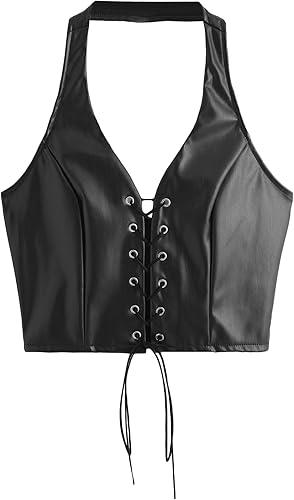 SweatyRocks Women's Faux Leather Crop Tank Top Lace Up Tie Front Halter Tops  &  SHENHE Women's Glitter Sequin Leopard Shorts Low Rise Sexy Rave Club Booty Shorts Hot Pants (Large, Tiger Print Khaki)