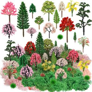 36 Pcs Mixed Model Trees with 40g Moss Pink and Green, Diorama Trees Grass Mini Fake Miniature Trees Moss for Building Model, Model Train Scenery, Natural Green Landscape, Railroad Scenery