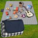 Picnic Blanket Waterproof Beach Rug 80''x118'' Picnic Mat Washable Lightweight with Handle Navy Blue Checkered for Hiking Travelling Outdoor Camping,Parks, 6'7" x 9'10"