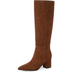 Easyfox Knee High Boots for Women Chunky Heel Pointed Toe Boots Side Zipper Long Boots (6, Brown)