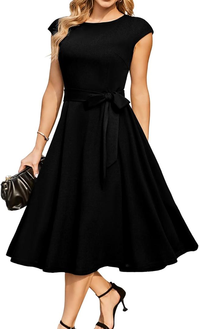 DRESSTELLS Women's Cocktail Dresses, Formal Wedding Guest Modest Church Vintage Holiday Party Evening Dress (X-Large, Black)