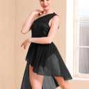 AFAVOM Women's Lyrical Dance Costume Sequin Flower Lyrical Dress Asymmetric Flowy Tulle Skirt Contemporary Dance Costumes (Black, XL)