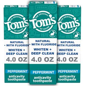 Tom's of Maine Whiten Plus Deep Clean Whitening Toothpaste, Natural Whitening Toothpaste with Plant-Based Cleansers, Enamel Safe, Whitens Without Causing Sensitivity, Peppermint, 4.0 oz (Pack of 3)