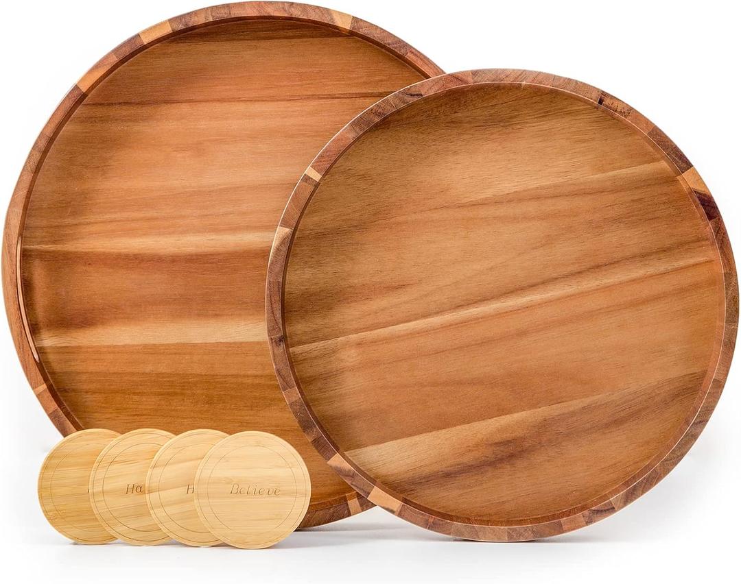 Round Wood Serving Trays Set of 2, Ottoman Tray Rustic Acacia Wooden Trays with Handles, Nesting Circle Tray with 4 Coasters for Coffee Table Living Room Bathroom Bedroom Party (15.75"+13.78" Round Tray - Acacia)
