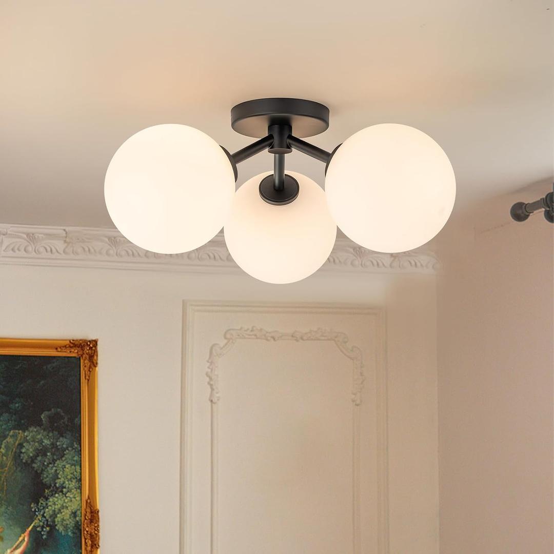 Mid Century Modern Black Semi Flush Mount Ceiling Light Fixture 3 Light 18 inch, Globe Light Fixtures for Bedroom,Entryway,Hallway,Living Room,Kitchen,Dining Room