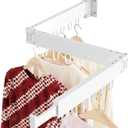 JAUREE Clothes Drying Rack Wall Mounted, Space-Saving Drying Rack Clothing, Collapsible Foldable Retractable Laundry Rack with 18 Hooks, Indoor/Outdoor, White