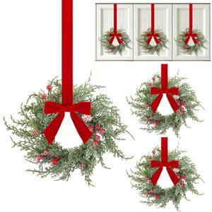 Aneco 6 Pcs 9.8" Small Christmas Norfolk Wreaths Decorations Mini Christmas Kitchen Cabinet Wreaths with Red Velvet Bow Artificial Hanging Garlands for Door Window Room Farmhouse Xmas Party Decor