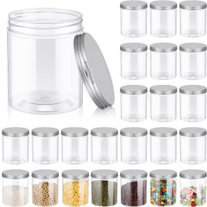 Irenare 24 Pcs 16 oz Plastic Jars with Lids Clear Plastic Containers Wide Mouth Food Mason Jars Airtight Storage Containers for Cake, Dried Fruit, Honey, Nuts, Carft, Scrub Cream(Silver Lids)