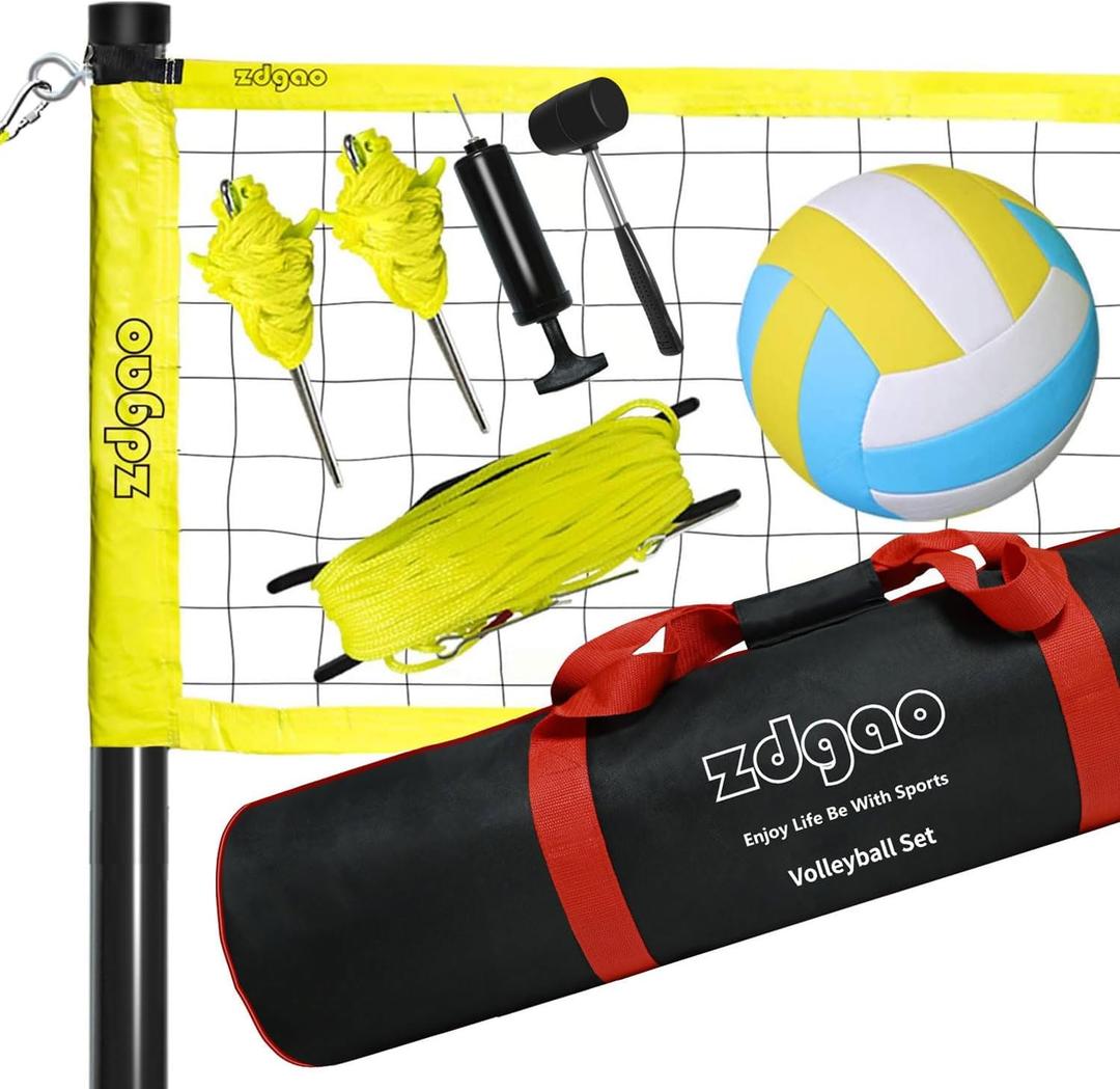 Outdoor Portable Volleyball Net System - Adjustable Height Poles with Soft Volleyball Ball, Pump, Hammer, Boundary Line, and Carry Bag for Backyard, Beach, Lawn (Fluorescent Green)