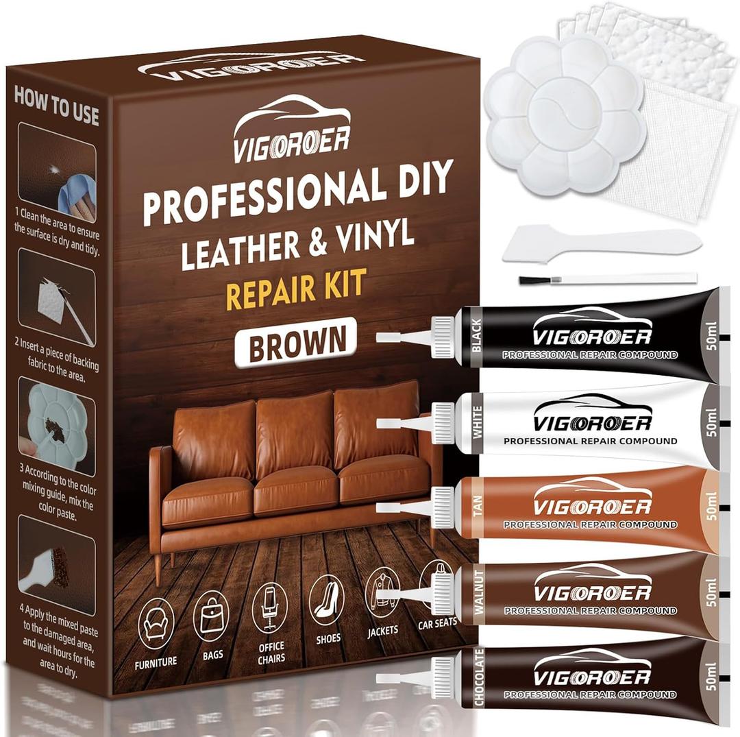 Brown Leather Repair Kit for Furniture, Leather Couch Repair Kit for Car Interior, Sofa, Purse and Jacket, Restore Any Material with Super Easy Instructions to Fix Scratches, Tears, Holes, Peeling