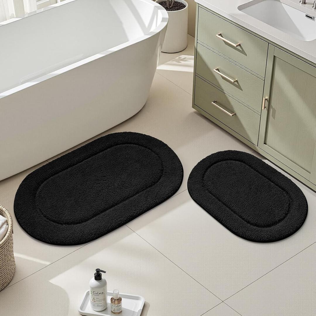 HOMEIDEAS Bathroom Rugs Sets 2 Piece, Small Bathroom Rugs, Soft, Absorbent Microfiber Mats, Machine Washable Bath Mats for Shower Room, Bathtub, Kitchen (20" x 32" + 16" x 24", Black)