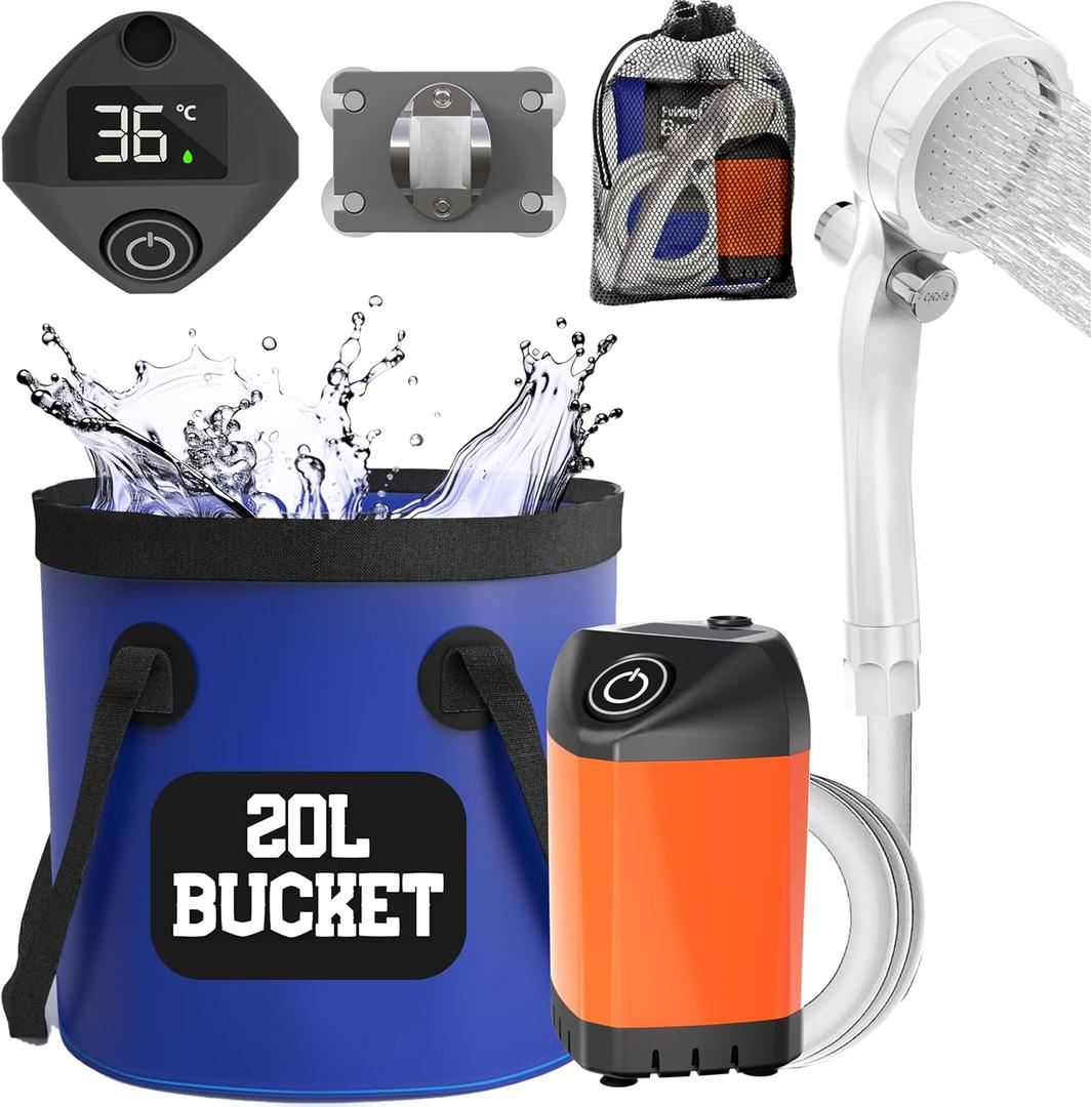 Elil Portable Camping Shower Pump with 3 Gallon Collapsible Bucket - Rechargeable Battery Camp Shower Electric Shower, Portable Shower for Camping Shower Tents (Shower Pump + 5 Gal Bucket)