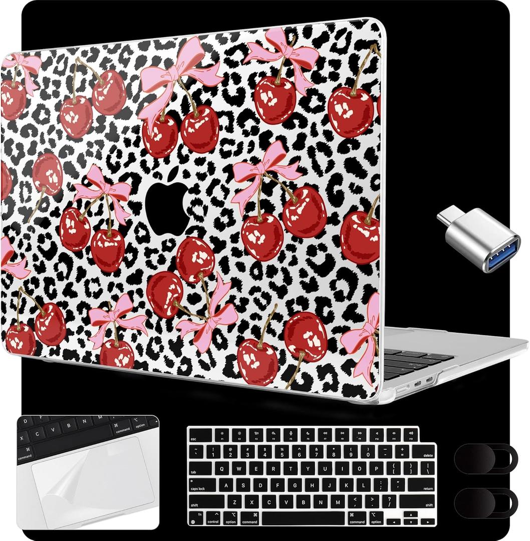 MEEgoodo Case for MacBook Air 15 inch M4/M3/M2 2025 2024 2023, Case Fit Model (A3241/A3114/A2941) for MacBook Air 15-inch, Laptop with Keyboard & Camera Cover & OTG Adapter, Leopard & Cherry
