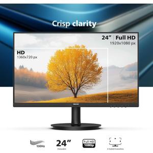 Philips New 24 inch Frameless Full HD (1920 x 1080) 100Hz Monitor, VESA, HDMI x1, VGA Port x1, Eye Care, 241V8LB, Black