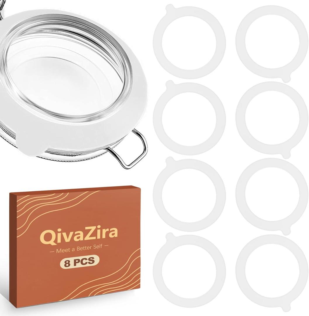 8 Pack Silicone Jar Gaskets Replacement Rubber Seals for Glass Canisters Universal Airtight Sealing Rings for Leakproof Storage Locking Jars Kitchen Organization White
