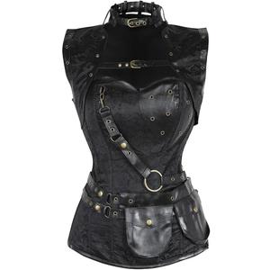 Women Steampunk Pirate Corset Gothic Leather Bustier With Jacket Belt Victorian Corset Halloween Costume (5X-Large, 2081-black)