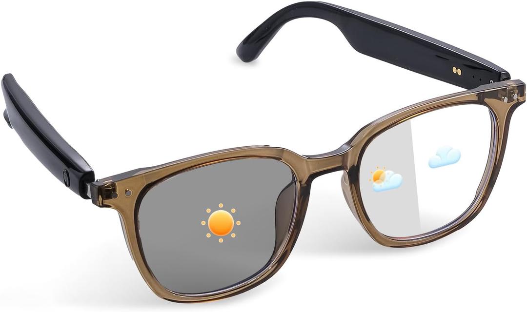 Smart Glasses for Men Women, Audio Glasses with UV400 Photochromic Lenses, Hands Free Calling, Open-Ear & Mic, Magnetic Charging & 4-6 Playtime, Bluetooth Glasses for Indoor Outdoor(Brown)