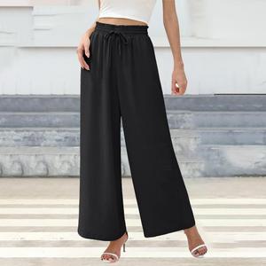 Women's Wide Leg Linen Pants - High Waist Flowy Trousers with Pockets (Large, Black)