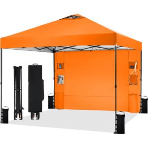 10'x10' Pop Up Canopy Tent with 1 Sidewall and 6 Pockets, One Push Setup, Instant Shade Tent with Vented Roof for Beach Patio Outdoor, Case, 8 Stakes, 4 Ropes, 4 Sandbags (Orange, 10x10)