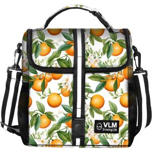 VLM Lunch Box for Women, Insulated Lunch Bag Women with Adjustable Shoulder Strap, Cute Lunch Tote Bag for Work,Picnic,Camping (Medium, Orange-White Pattern)