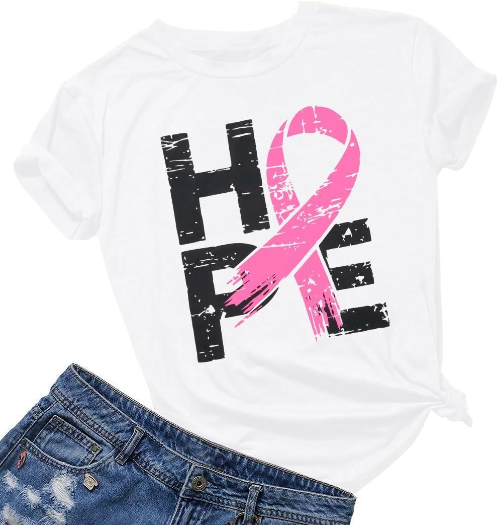 Breast Cancer Shirts for Women Pink Ribbon Breast Cancer Awareness T-Shirt Inspirational Care Gifts Short Sleeve Tops (XXL)
