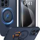 FNTCASE for iPhone 15 Pro-Max Case: [360 Spin Magnetic Stand] [Compatible with Magsafe] [Screen Protector] Translucent Matte Military Grade Shockproof Full Camera Protective Phone Cover - Deep Blue