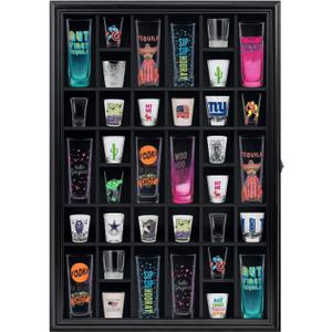 Shot Glass Display Cabinet Solid Wood - Large Display Case for Collectibles | Man Cave Accessories | UV Protection Acrylic Door | Wall Mounted Black Shadow Box | 36 Divided Slots | 26" x 18"