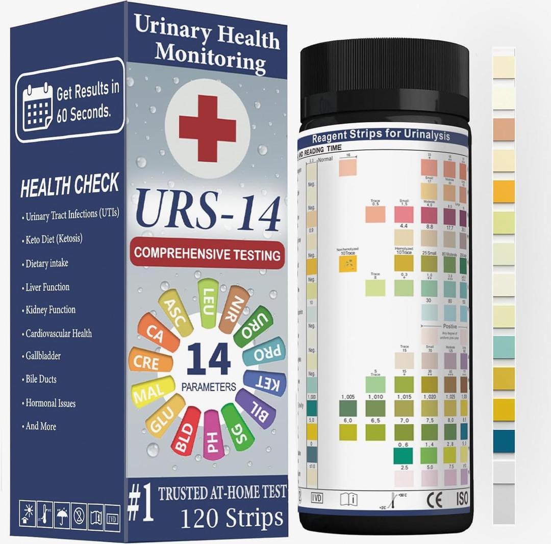 URS Urine Reagent Test Strip for 14 Parameters Urinalysis - Self Testing at Home in 60 Seconds for Men and Women PH, SG, Prot, KET, BLO, BIL, CRE, Kidney, Liver, UTI, Keto Diet, Ketosis, and +7 More