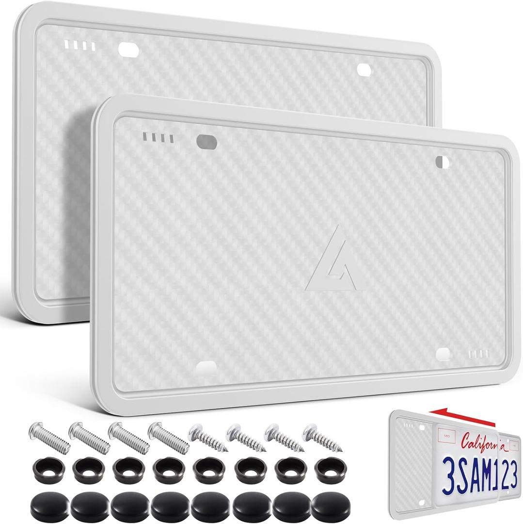 Aujen Silicone License Plate Frames, 2 Pack White Side-Opening License Bracket Holder, Without Obstruction. Rustproof, Rattle Proof & Weatherproof Universal