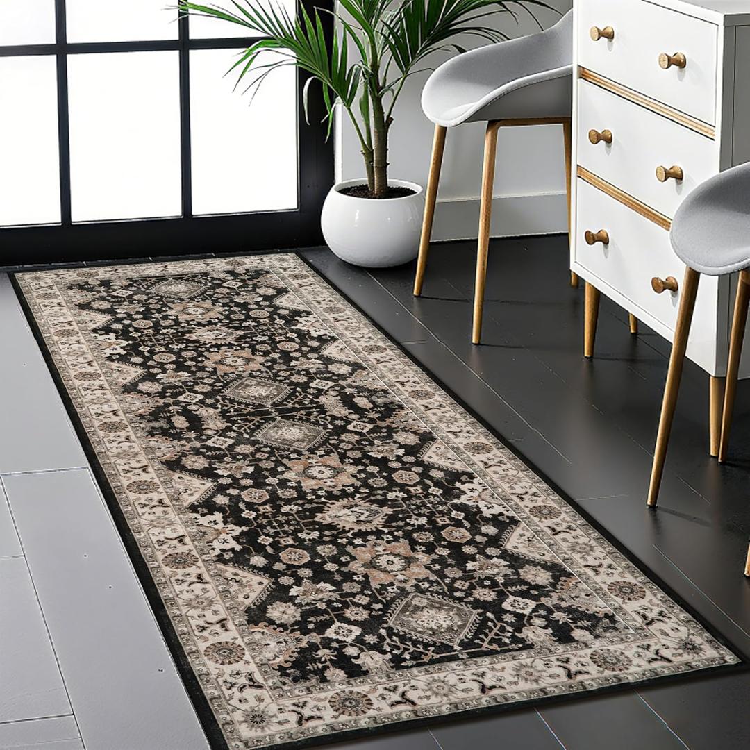 Washable Hallway Runner Rug 2x5: Non Slip Runner Rugs with Rubber Backing Soft Kitchen Rug Farmhouse Distressed Carpet Runner for Living Room Bedroom Bathroom (Black, 2X5)