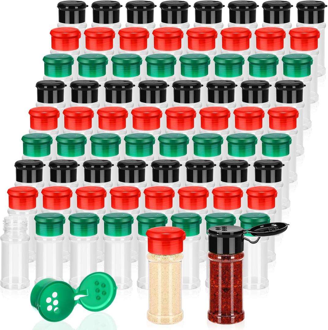 Amyhill 120 Pcs Plastic Spice Bottles Spice Jars with 3 Colors Cap Seasoning Jars Shaker 2 Oz/ 60ml Clear Bottle Containers with Shaker Lids for Storing Herbs and Seasoning Powders