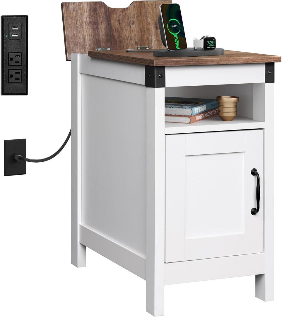 WLIVE White Farmhouse End Table for Living Room, Narrow Side Table with Charging Station, Night Stand with Storage, Small Wooden Cabinet with USB Ports and Outlets for Bedroom, White