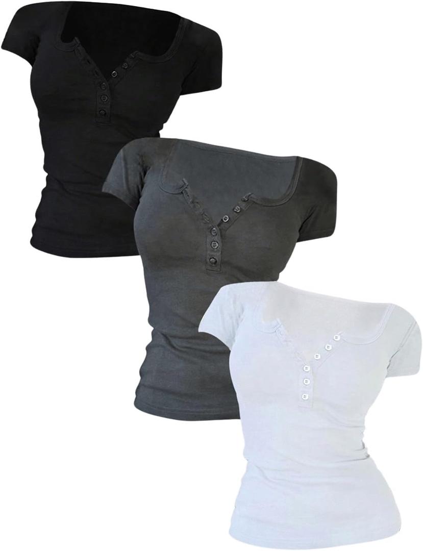 GORGLITTER Women's 3 Pack Ribbed Knit Textured Henley Shirt Sets V Neck Half Button Scoop Neck Short Sleeve Tee Tops (Black Grey White), Small