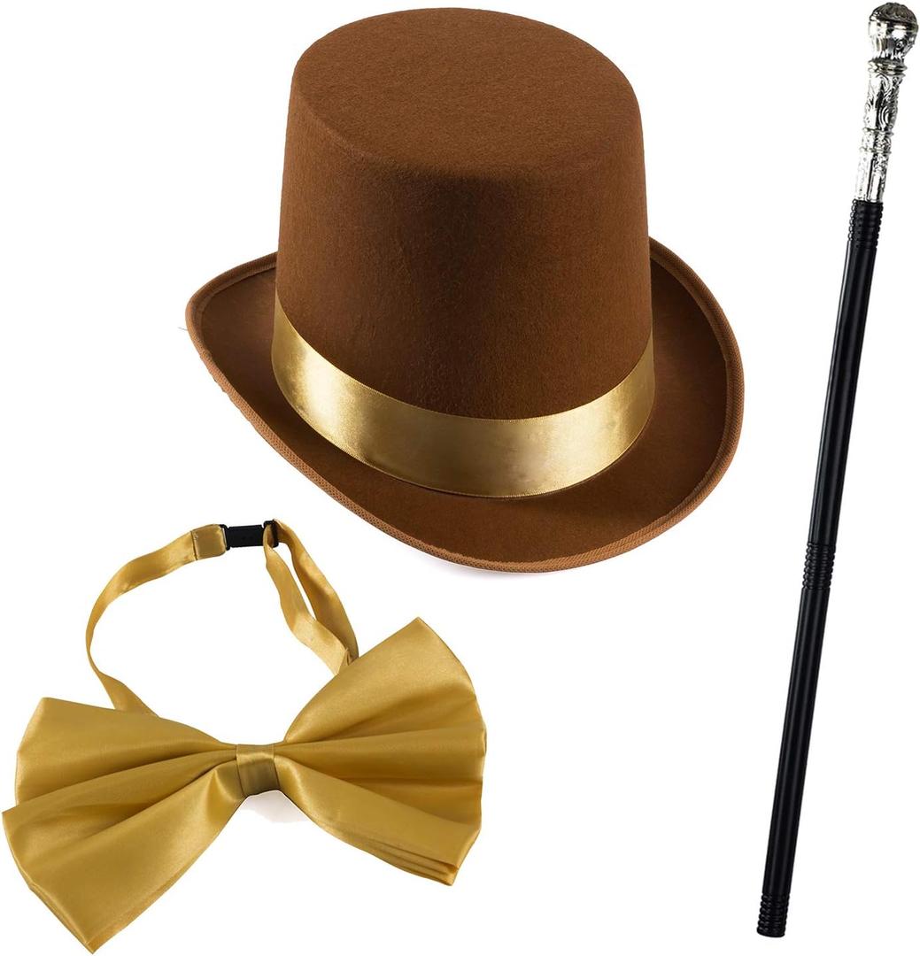 Tigerdoe Brown Top Hat and Bow Tie with Walking Scepter- 3 Pc Chocolate Factory Costume Set - Steampunk Top Hat Brown