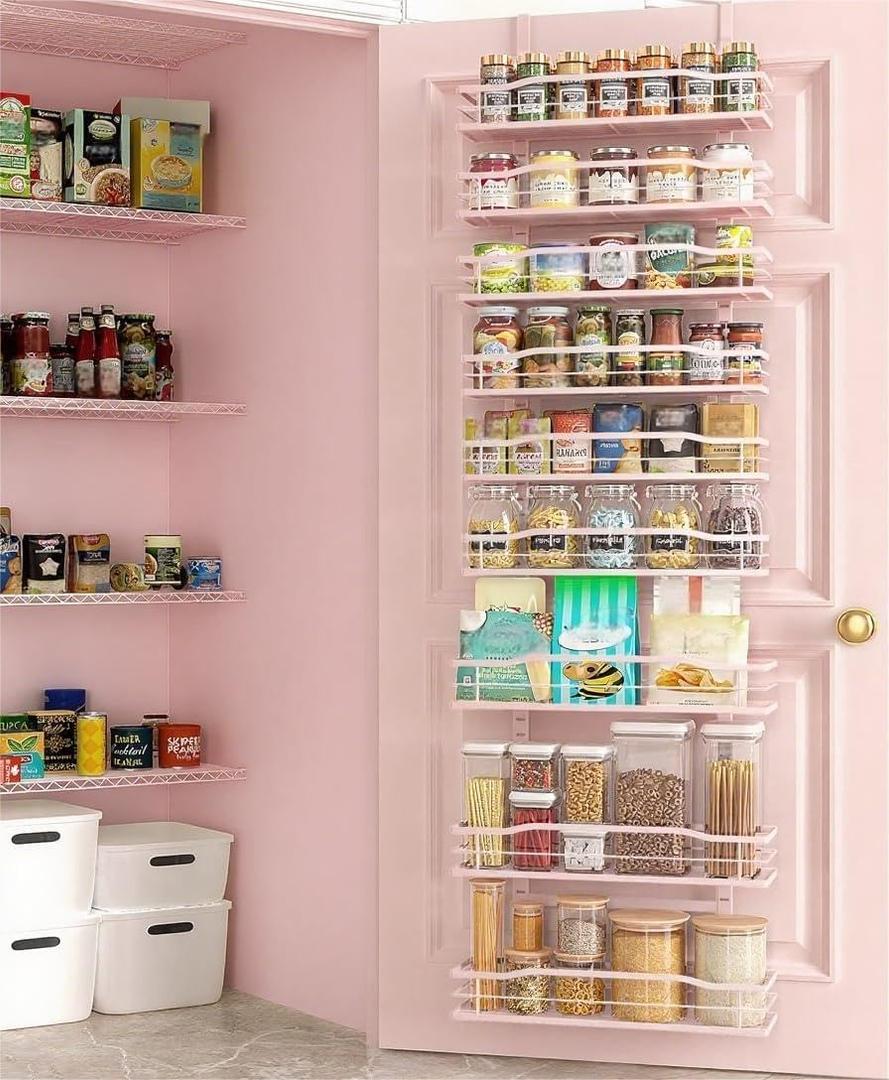 Moforoco Pink 9-Tier Over The Door Pantry Organizer, Pantry Organization and Storage, Black Hanging Basket Wall Spice Rack Seasoning Shelves