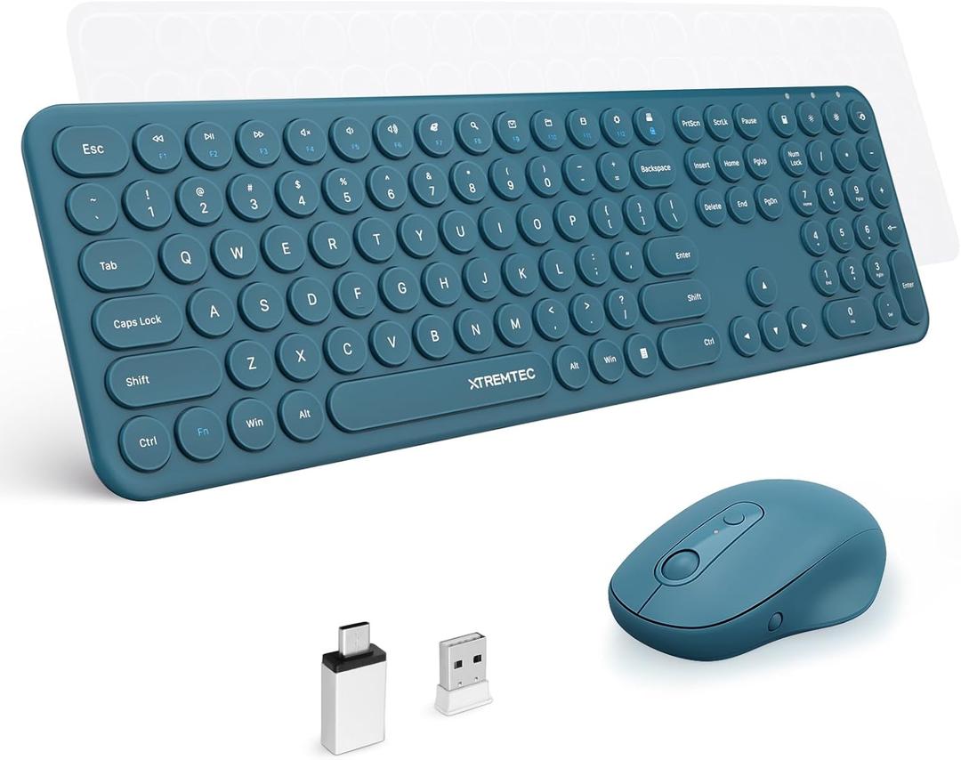 XTREMTEC Full Size 2.4G Wireless Keyboard Mouse Combo, Ultra Slim Silent Cute Computer Keyboard with USB Receiver for Windows, OS, PC, Mac, Tablet (Navy Blue-A)