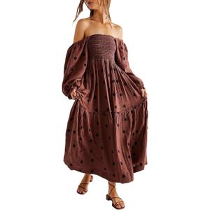 Women Floral Embroidered Maxi Dress Long Puff Sleeve Square Neck Bohemian Flowy Dress with Pockets Summer Fall (Medium, Dark Brown)