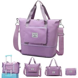 Travel Duffel Tote Bag,Travel Weekender Overnight Bags Women Carry On Bag Totes for Airplanes,Sports Gym Duffle with Trolley Sleeve (A-Purple-Long Strap)