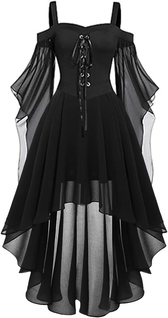 hlysgo Women's Gothic Punk Dress Cold Shoulder Butterfly Sleeve Lace-up Corset Dress Chiffon High Low Swing Party Dress (Black)