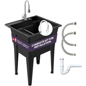 Freestanding Utility Sink with Stainless Steel Gooseneck Faucet - 24" Plastic Utility Sink for Garage, Laundry, Indoor and Oudoor Use - Laundry Tub Kit by Noah William Home - Black (19.5 gal)