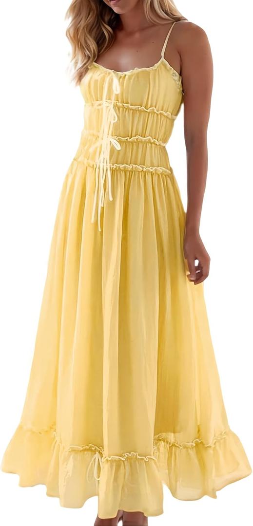 Women Summer Maxi Dress Spaghetti Strap Y2k Cute Ruffle Tiered Wedding Guest Flowy Dress Vacation Cruise Resort Outfit (Medium, Yellow)