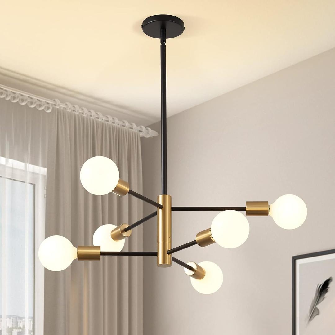 KAISITE Modern Sputnik Chandelier - 6 Light Chandelier with Height Adjustment, Black and Gold Finish for Kitchen, Bedroom and Foyer (Bulbs Not Included)