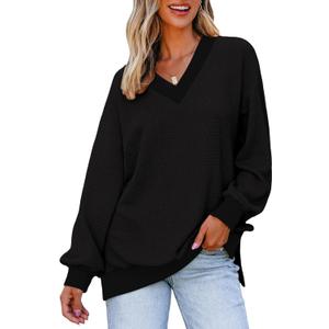 Dokotoo Women's V Neck Long Sleeve Waffle Knit Tops Off Shoulder Oversized Pullover Sweater (Black)
