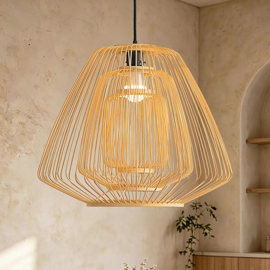 Bamboo Adjustable Height Pendant Light 20" Boho Rustic Farmhouse Chandelier