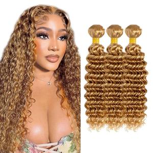 #27 Honey Deep Wave Human Hair Bundles 3 Bundles Deep Wave Hair Brazilian Virgin Human Hair Extensions Unprocessed Hair Bundles for Women 26 28 30 Inch 300g