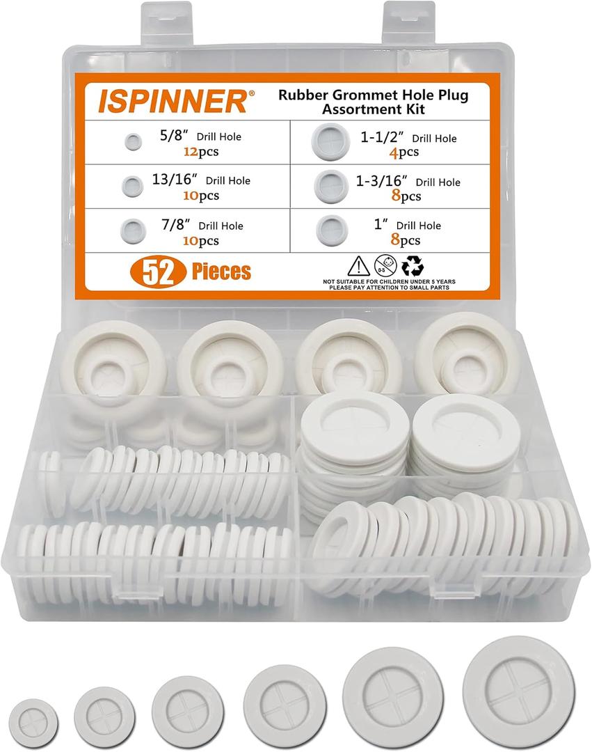 ISPINNER 52pcs 6 Sizes Rubber Grommet, Double Sided Round Rubber Hole Plug, Drill Hole 5/8" 13/16" 7/8" 1" 1-3/16" 1-1/2" (White)