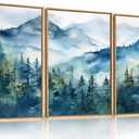 Celestdeco Blue Ridge Mountains Forest Framed Canvas Wall Art Set, Natural Landscape Wall Decor, Green Pine Trees Wall Painting, Woodland Artworks for Living Room, Bedroom, Dining Room - 24"x36"x3