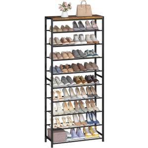 HOMEFORT 10 Tiers Shoe Rack Organizer,30" Shoe Storage Shelf for Closet, Shoe Rack for Entryway,Holds 36-40 Pairs of Shoe, Tall Shoe Stand with Metal Shelves and MDF Top Board,Rustic Brown
